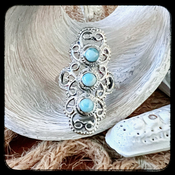 3-Stone Larimar Boho Ring •001