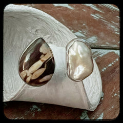 Petrified Driftwood & Pearl Ring